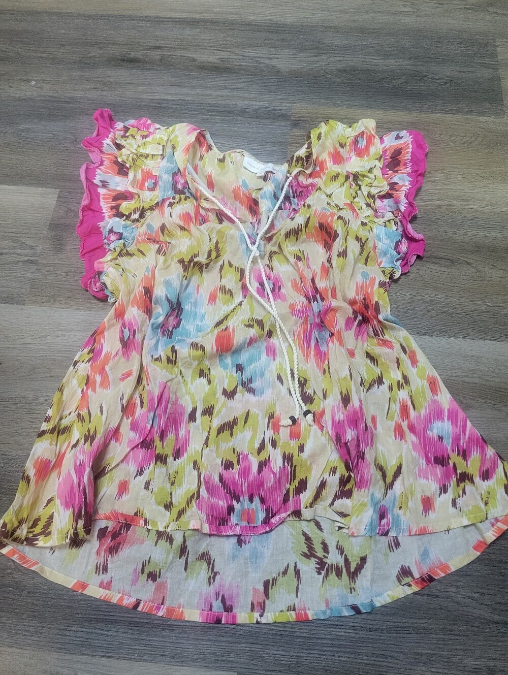 HOUSE OF HARLOW 1960 size L khaki pink ruffle slv peasant 100% cotton floral top